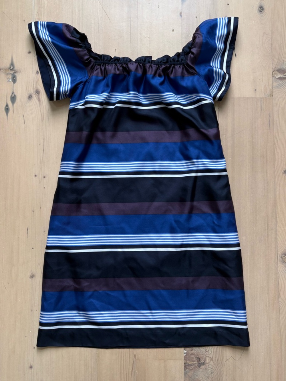 Banana Republic Navy Purple Stripe Elastic Off-Shoulder Silk Dress - S